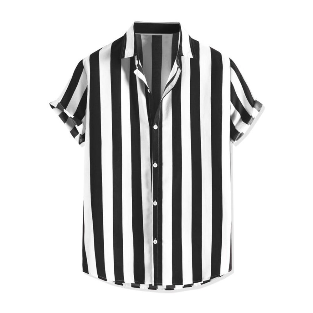 Stripe Shirt Short Sleeved Color Block Button Down Beach Shirt Black
